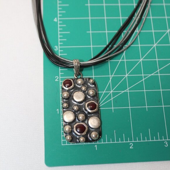 Chico's Melatlic Modern Art and Garnet Medalion Necklace - Picture 3 of 10